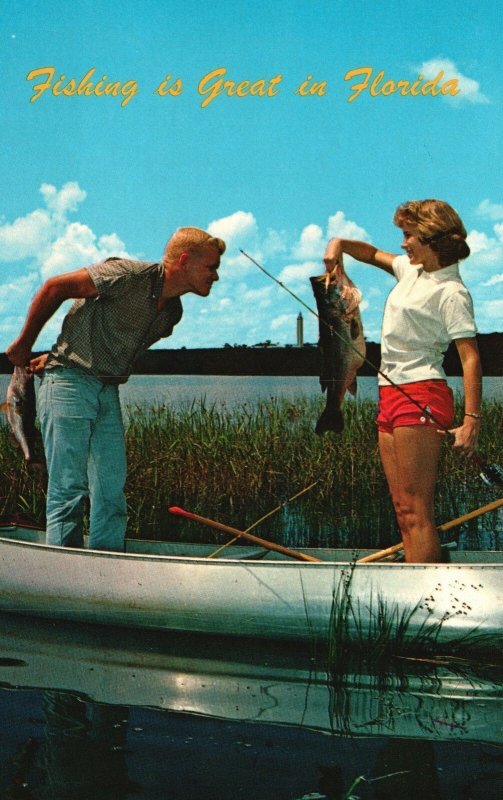 Vintage Postcard Man & Woman Catching Fish Fisherman's Paradise Florida FL
