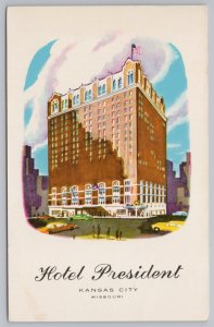 Hotel & Resort~Drawing Hotel President @ Kansas City Missouri~Vintage Postcard