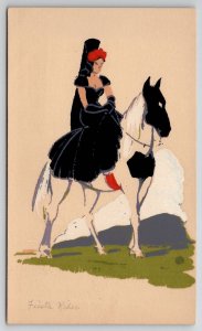 Serigraph Beautiful Fiesta Rider Hand Painted Woman On Horseback Postcard N24