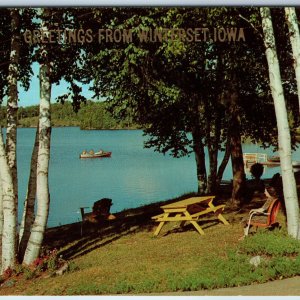 c1970s Winterset, IA Greetings From Park Lake Fishing Picnic Camp Table PC A234