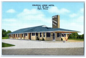 c1940s Colonial Lodge Motel Exterior Roadside Elgin Illinois IL Signage Postcard