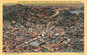 HOLLYWOOD, California CA    AERIAL CITY VIEW   ca1940's Vintage Linen Postcard