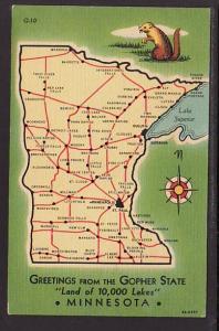 Greetings From the Gopher State MN Map Post Card 5256
