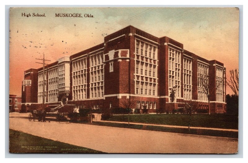 High School Muskogee Oklahoma OK Hand Colored Albertype DB Postcard V14