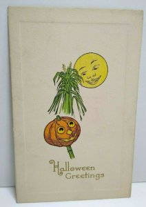 Vintage Halloween Postcard Gibson Mr Moon Smiling On Pumpkin Head Man Unused