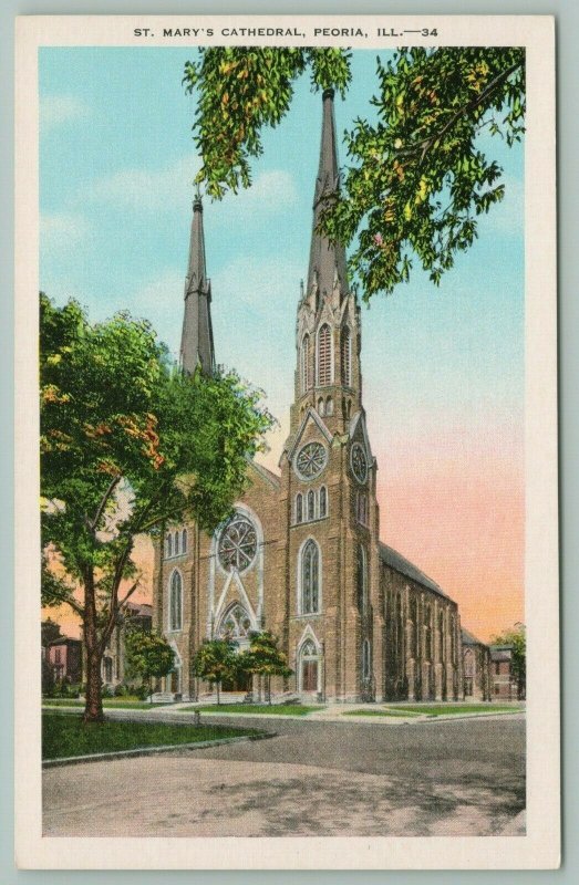 Peoria Illinois~St Marys Cathedral~Stained Glass Windows~Twin Steeples~c1935 PC 