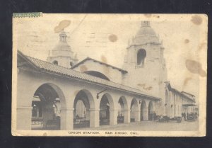 SAN DIEGO CALIFORNIA UNION RAILROAD DEPOT TRAIN STATION VINTAGE POSTCARD 1921