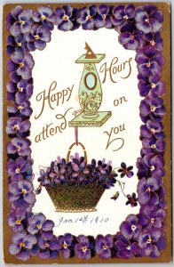 1909 Happy Hours Attend On You Purple Flowers Frame Design Posted Postcard