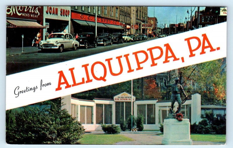 ALIQUIPPA, PA FRANKLIN STREET Scene & Soldiers Memorial c1950s Cars