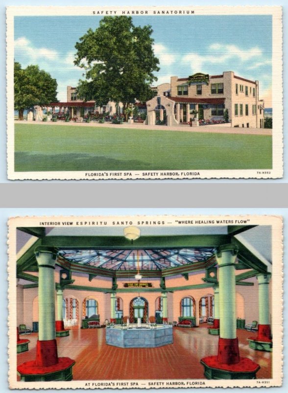 2 Postcards SAFETY HARBOR, Florida FL~ Sanatorium & ESPIRITU SANTO SPRINGS 1930s