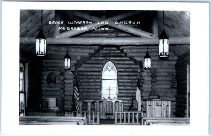 c1950s McGregor, Minn RPPC Grace Lutheran Log Church Real Photo PC Vtg A112