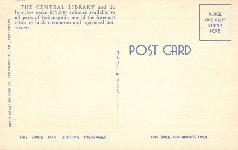 Vintage Postcard Public Library Central Book Circulation Indianapolis Indiana IN