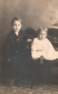 Vintage Postcard Photo Of Two Children Big Brother And His Little Sister