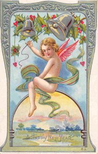 Happy New Year Greetings Cherub Above Mountain River Landscape 1911 postcard