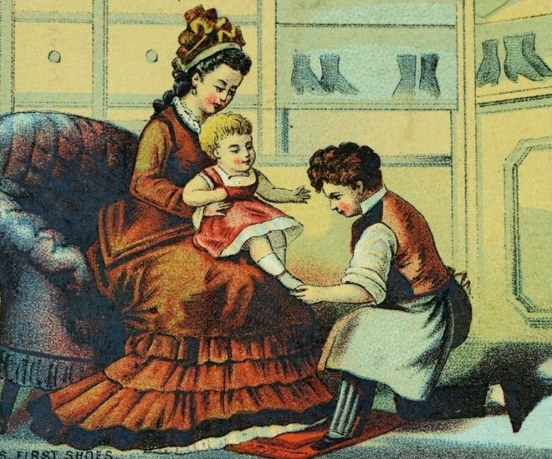 1870's-80's Lovely Inside Shoe Store Scene Babies First Shoes Victorian Card F79