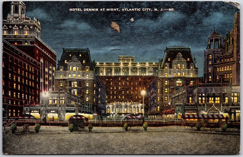 Atlantic City New Jersey NJ, 1950 Hotel Dennis Building at Night, Postcard