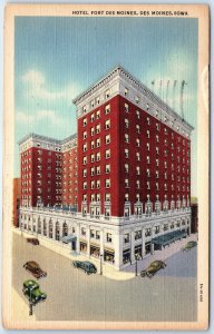 c1930s Des Moines, IA Hotel Fort Birds Eye Linen PC Downtown Roadside Scene A330