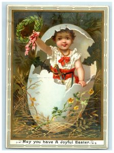 1880s Victorian Easter Card Adorable Child Hatching From Egg Sword Wreath #5D