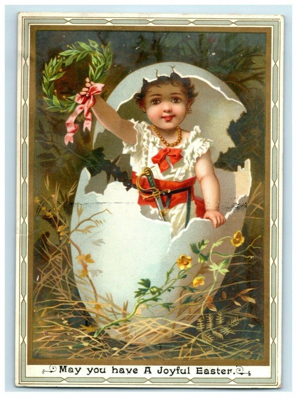 1880s Victorian Easter Card Adorable Child Hatching From Egg Sword Wreath #5D