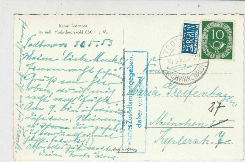 Germany 1953 Todtmoos Cancel Obligatory Tax Aid for Berlin Stamps Card Ref 26007 