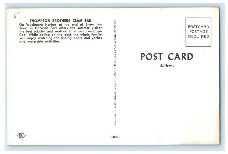 c1914 Thompson Brothers Clam Bar, Massachusetts MA Antique Postcard 