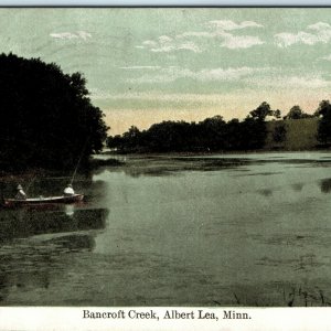 1910 Albert Lea, MN Bancroft Creek Men Fishing Boat Sunset Litho Photo PC A18