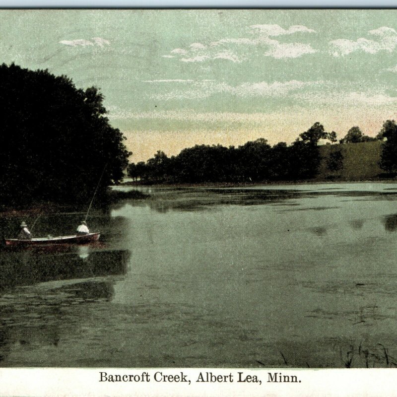 1910 Albert Lea, MN Bancroft Creek Men Fishing Boat Sunset Litho Photo PC A18