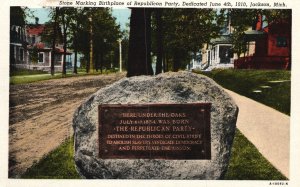 Vintage Postcard Stone Marking Birthplace Republican Party Jackson Michigan MI