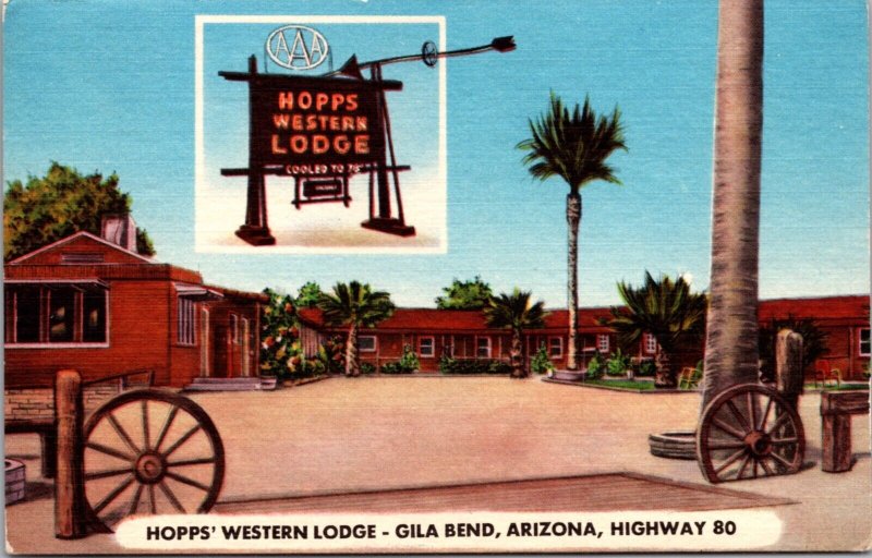 Linen Postcard Hopps' Western Lodge on Highway 80 in Gila Bend, Arizona