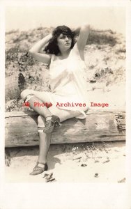 Mack Sennett, RPPC, Silent Film Bathing Beauty Actress on Log on Beach