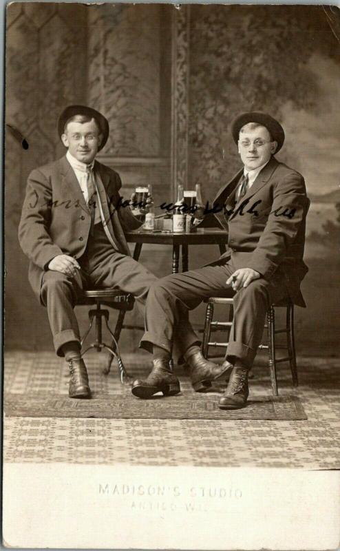 Two Bums from Antigo Wisconsin~Twins Brothers~Beer Glasses~1913 Madison RPPC 