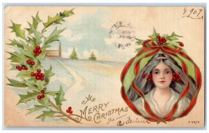 1907 Merry Christmas Pretty Woman Art Nouveau Holly Berries Antique Postcard