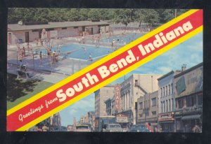 SOUTH BEND INDIANA DOWNTOWN STREET SCENE OLD CARS SWIMMING POOL POSTCARD