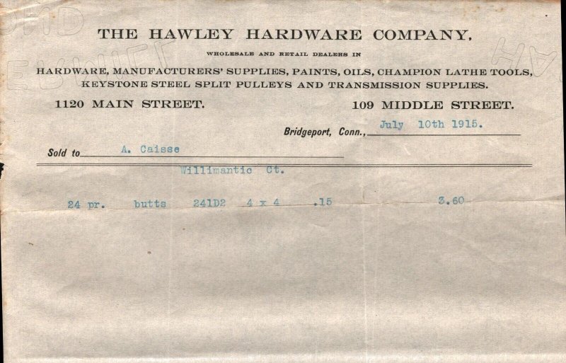 1915  Bridgeport  Connecticut  The Hawley Hardware Co.  Receipt  8 x 5