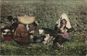 Pc peasant having lunch on the fields japan hand colored (a22210) 