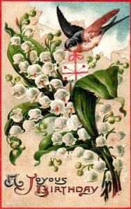 A Joyous Birthday- Lilies, Bird with Letter - Embossed - 1910 - Vintage Postcard