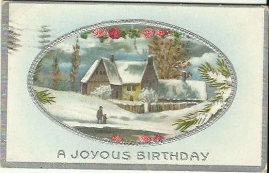 Country Winter scene Farmhouse Red Clover Snow Vintage Postcard 1911 Birthday