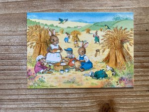 Summer Picnic, Jean Gilder, Rabbits, Wheat, Medici Society, Vintage Postcard