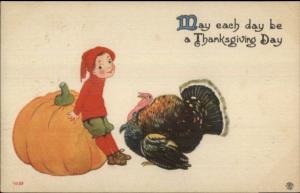 Thanksgiving - Little Boy Huge Pumpkin & Turkey c1910 Postcard