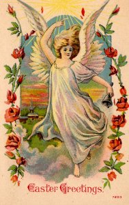 Easter Greetings - Angel with Bell - Rose Vines - dated 1911