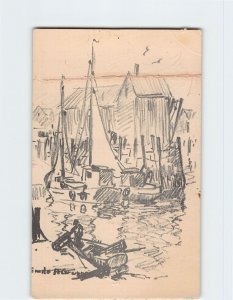 Postcard Harbor Boats Scene Sketch/Drawing