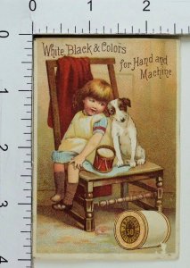 1887 Calendar J & P Coats Spool Thread Cute Girl & Puppy On Chair Drum Sweet F72