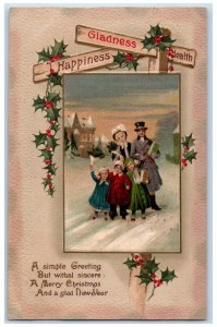 1912 Christmas Greetings Happy Family Gifts Holly Winter Freeport IL Postcard 