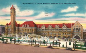 St. Louis MO-Missouri. 1954 Union Station Plaza & Fountains Vintage Postcard