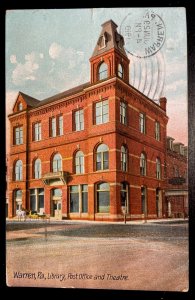Vintage Postcard 1910 Library, Post Office & Theatre, Warren, Pennsylvania (PA)
