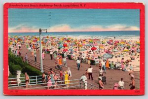 Long Island New York~Boardwalk Scene @ Rockaway Beach~PM 1952~Linen Postcard
