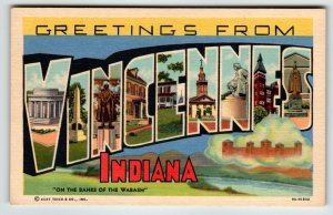 Greetings From Vincennes Indiana Large Letter Postcard Linen Curt Teich Unused