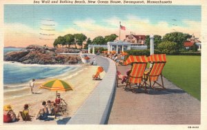 Vintage Postcard 1940's Sea Wall Bathing Beach New Ocean House Swampscott Mass.