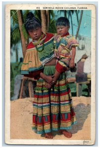 Miami Florida Postcard Seminole Indian Children Carrying Baby Scene 1934 Antique