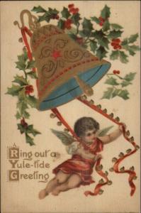 Cherub Ringing Giant Bell c1910 Christmas Postcard rpx